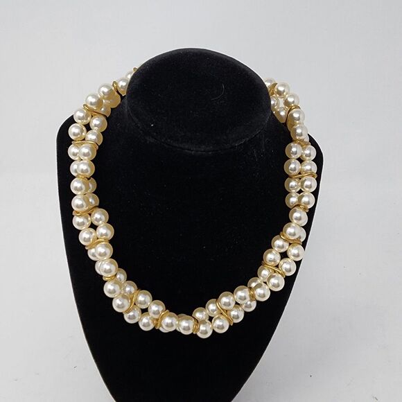 Vintage Twisted Two Strand  Faux Pearl Gold Tone Metal Accents Women's Necklace - Picture 1 of 12
